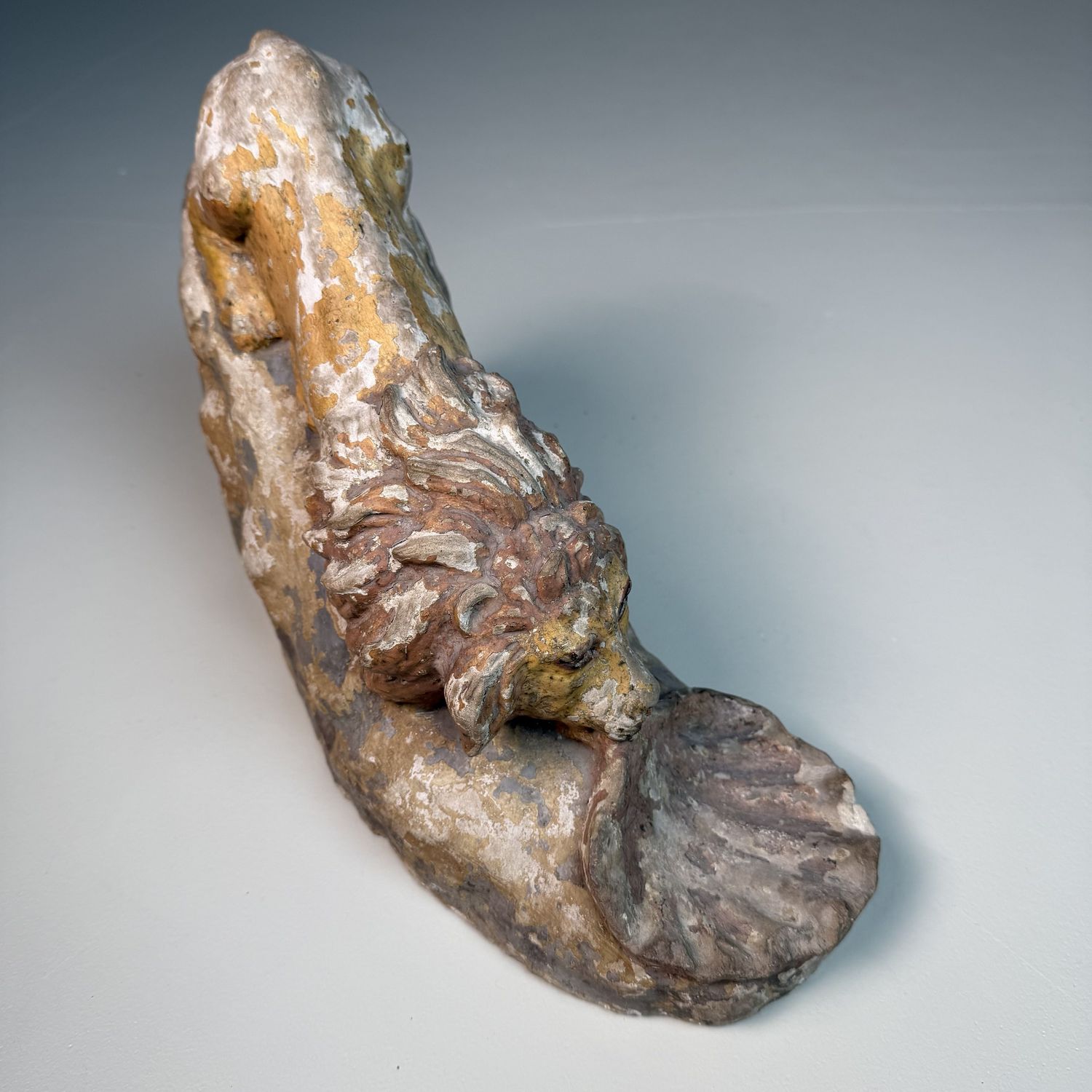Antique Polychrome Stone Lion Sculpture With Shell – 1880–1900, Italy