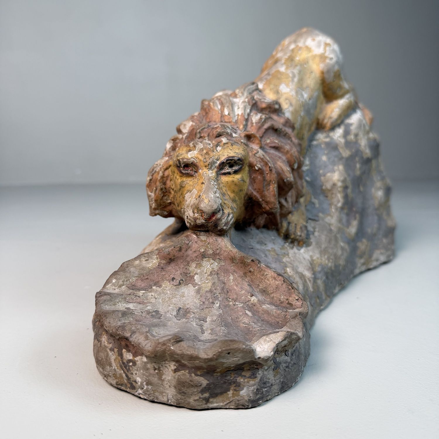 Antique Polychrome Stone Lion Sculpture With Shell – 1880–1900, Italy
