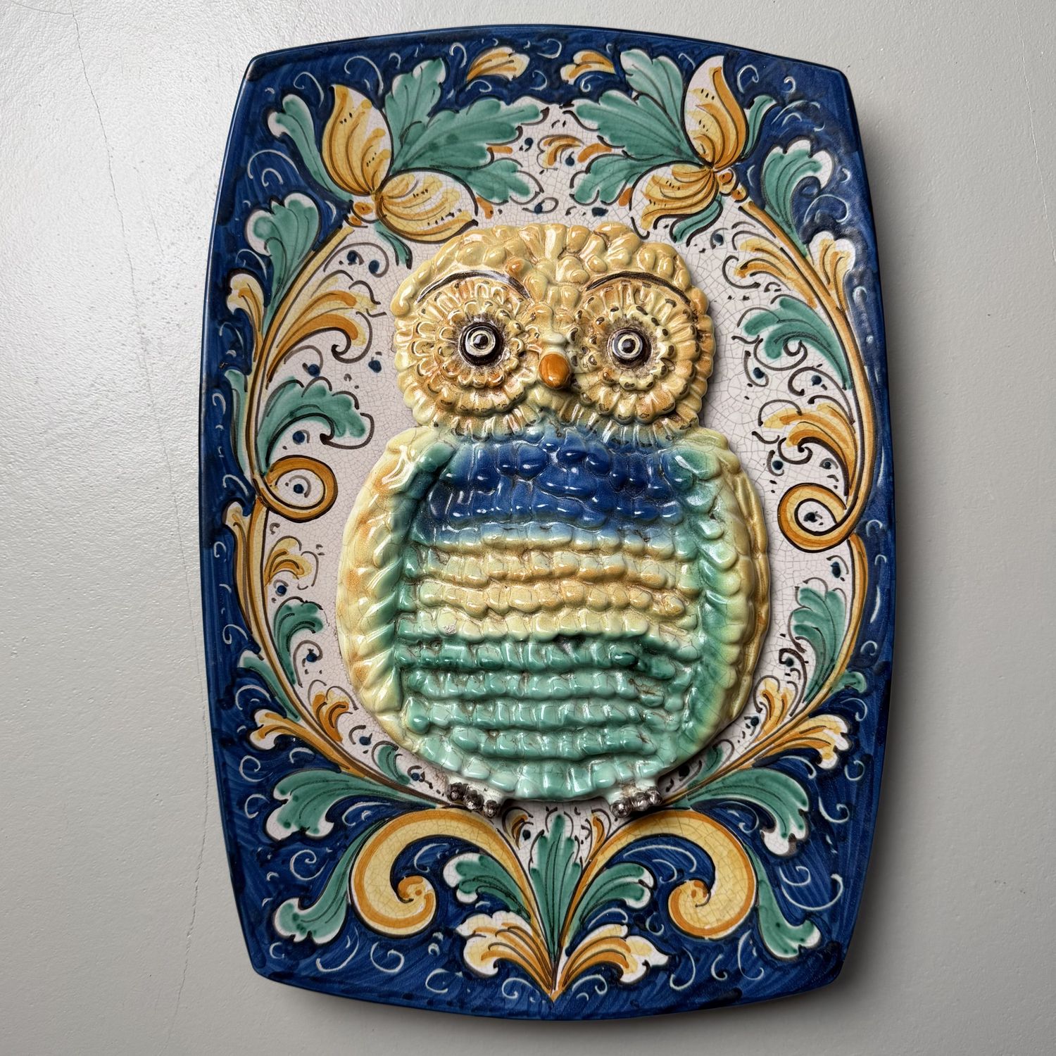 Rare Sicilian Ceramic Wall Plaque with Owl – 1950s-1960s, Italy