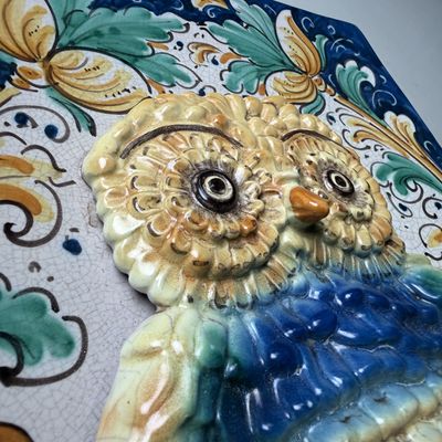 Rare Sicilian Ceramic Wall Plaque with Owl – 1950s-1960s, Italy