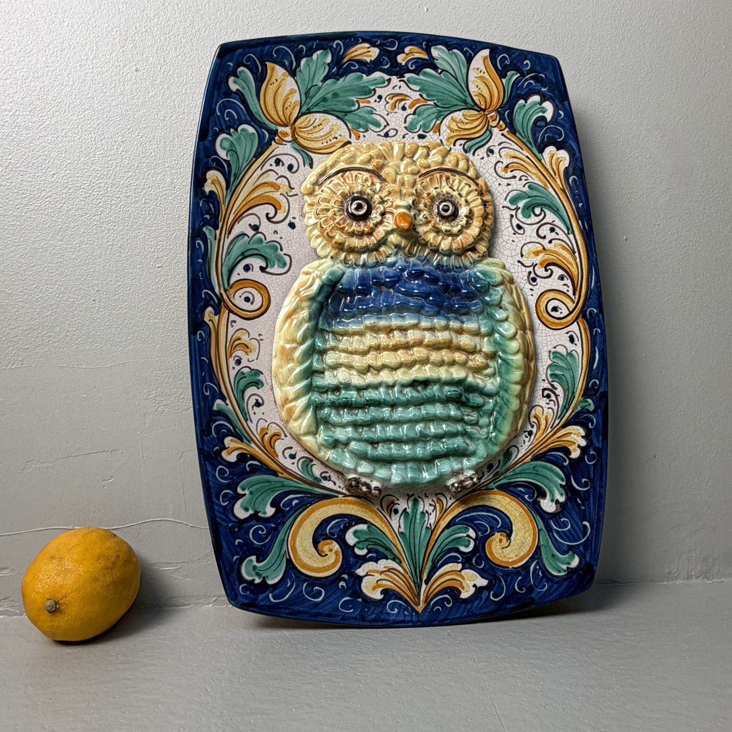 Rare Sicilian Ceramic Wall Plaque with Owl – 1950s-1960s, Italy
