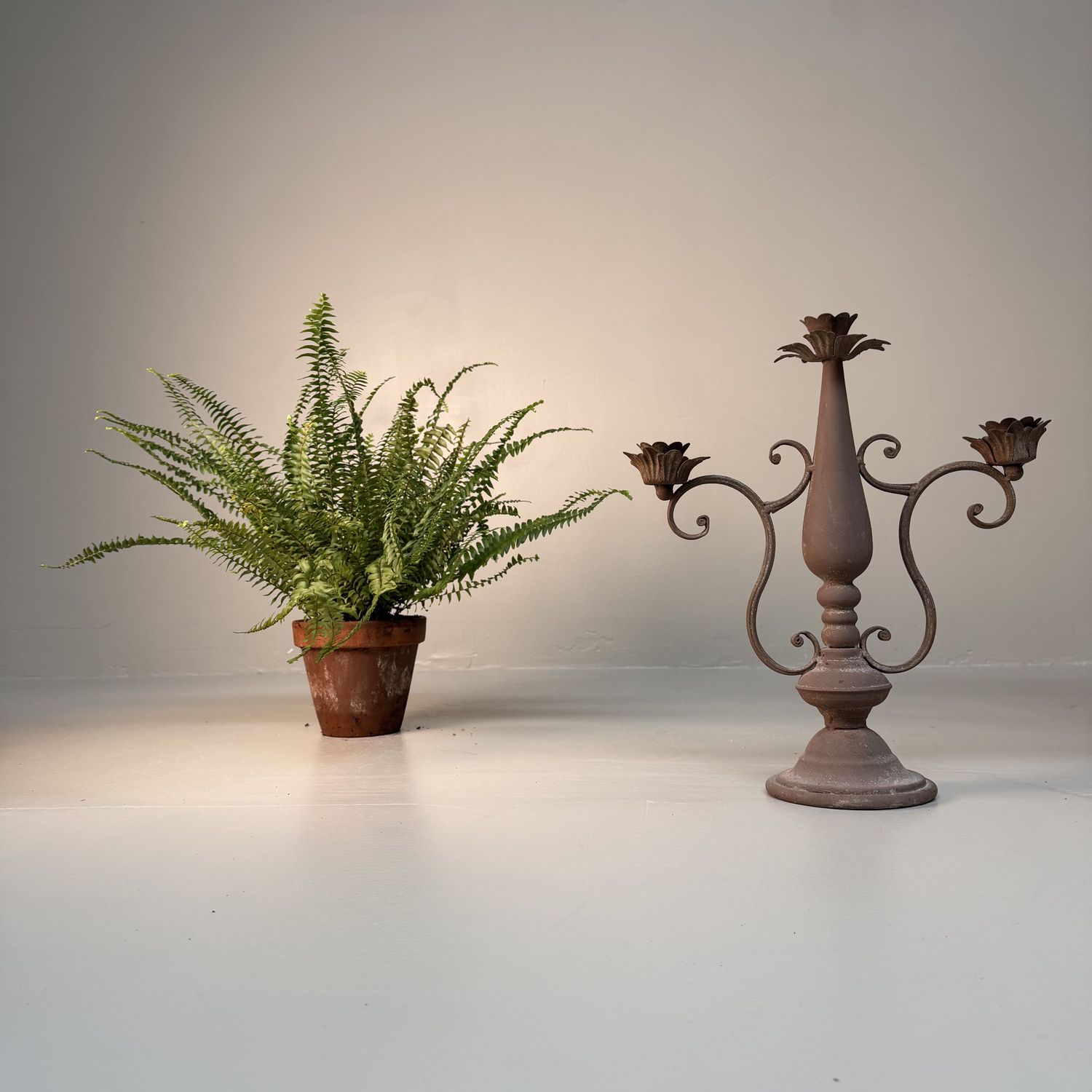 Floral Three-Arm Metal Candelabrum, 1910–1920, Calabria, Italy