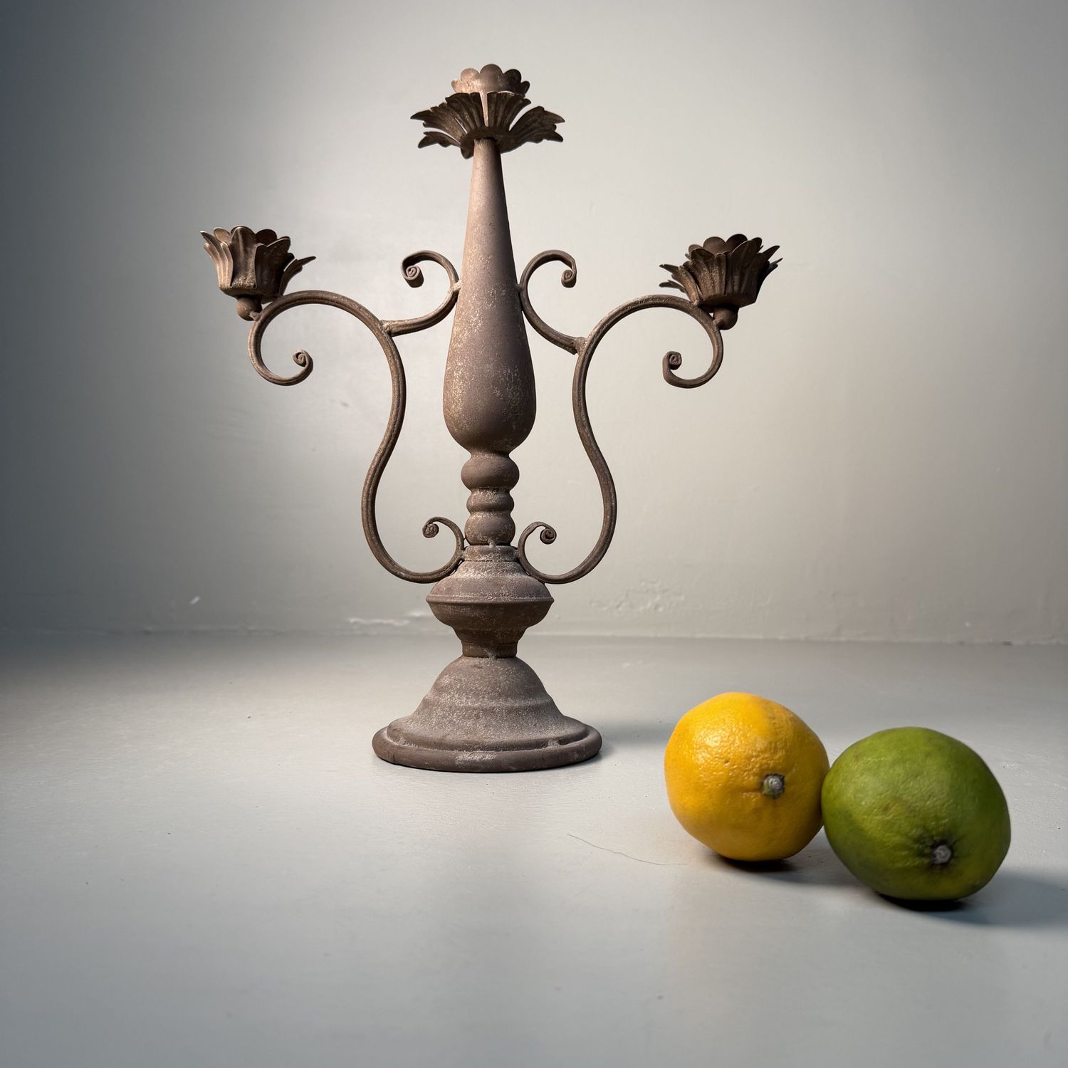 Floral Three-Arm Metal Candelabrum, 1910–1920, Calabria, Italy