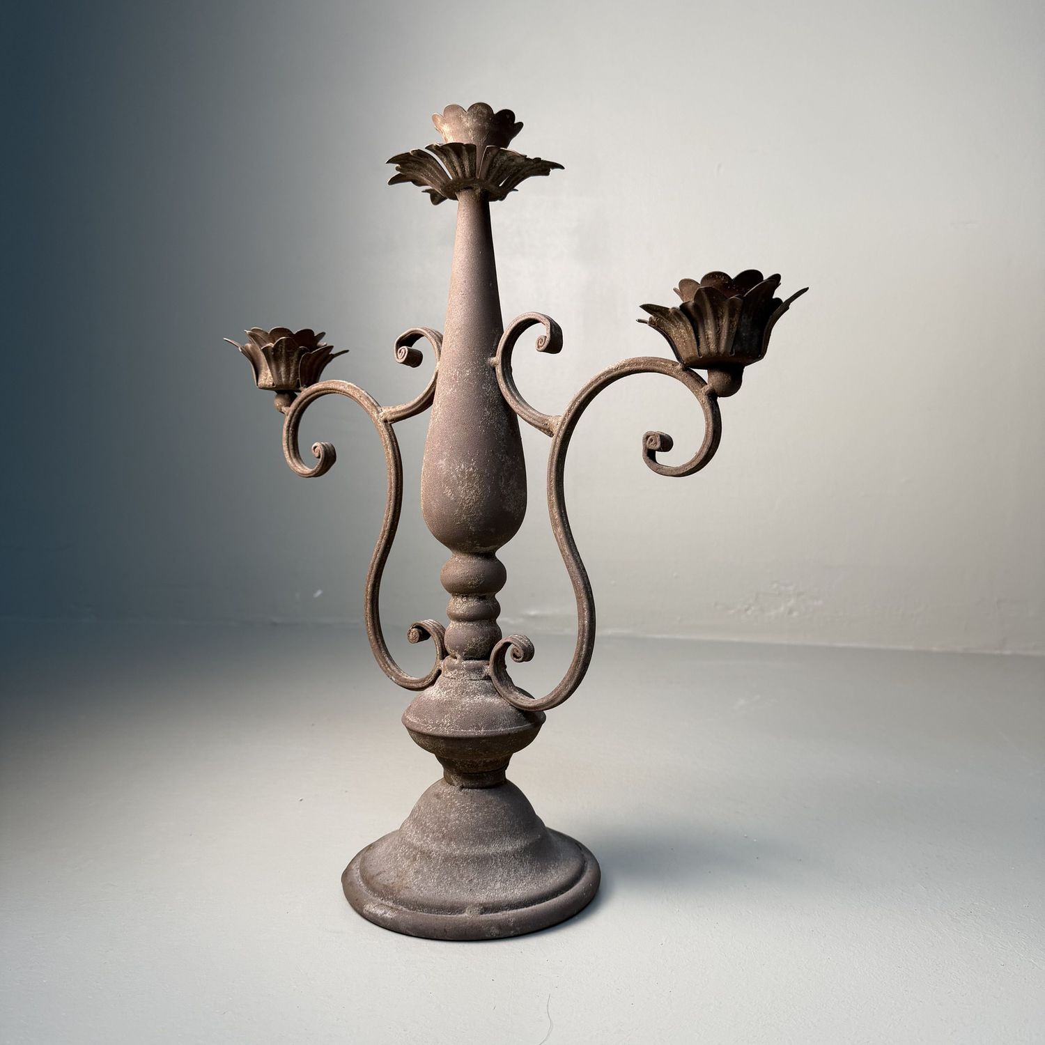 Floral Three-Arm Metal Candelabrum, 1910–1920, Calabria, Italy