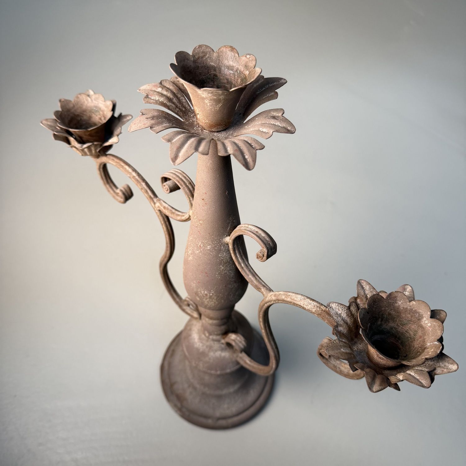 Floral Three-Arm Metal Candelabrum, 1910–1920, Calabria, Italy