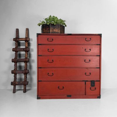 Red Chest of Drawers, Decorative Tansu, 1920s, Japan