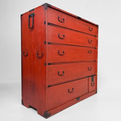 Red Chest of Drawers, Decorative Tansu, 1920s, Japan