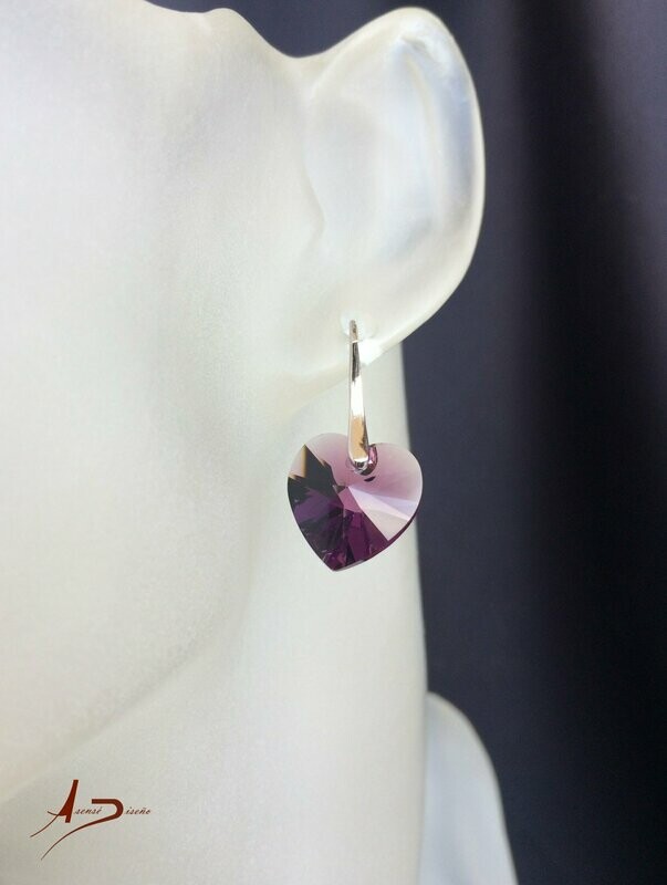 Corazón Swarovski Morado Pendientes