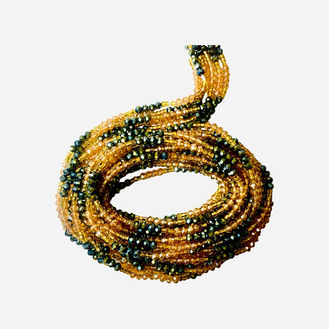 African Waist Beads Green & Gold 130 cm