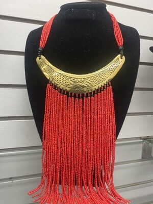 Red BeadedNecklace With Brass