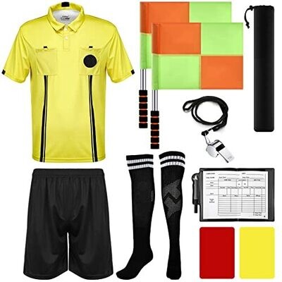 6 Pcs Football Soccer Referee Package Kit Men Referee Costume Ref Shirt Linesman Flags, Referee Whistle Soccer Referee Cards Sport Soccer Accessory for Adult Teenager