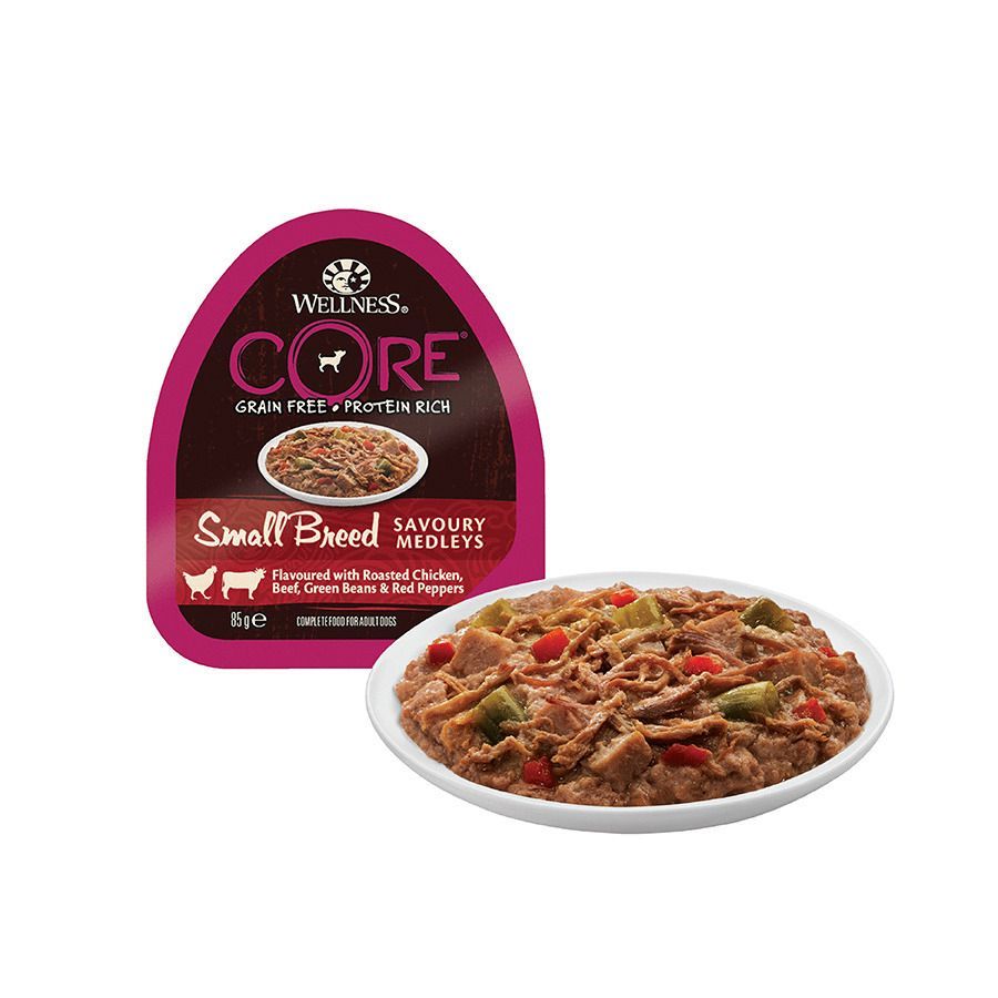 Wellness Core Hond Small Breed Savoury Medleys, Kip, Rund, Groene Bonen & Rode Paprika 85 g PROMO