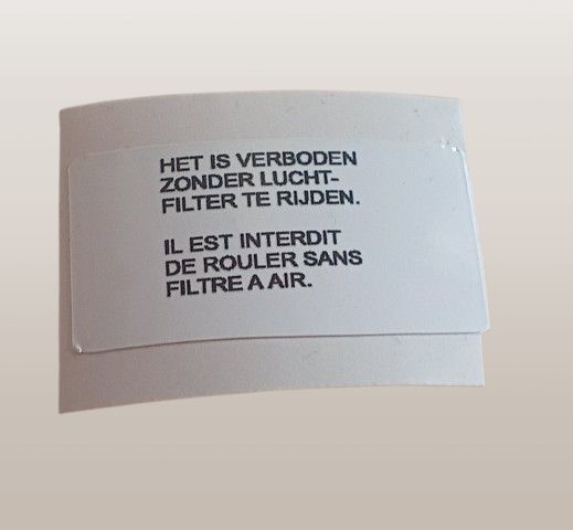 Sticker het is verboden zonder luchtfilter te rijden