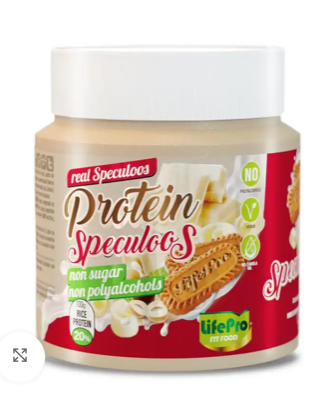 Eiwitrijke smeerpasta van witte chocolade smaak en speculoos