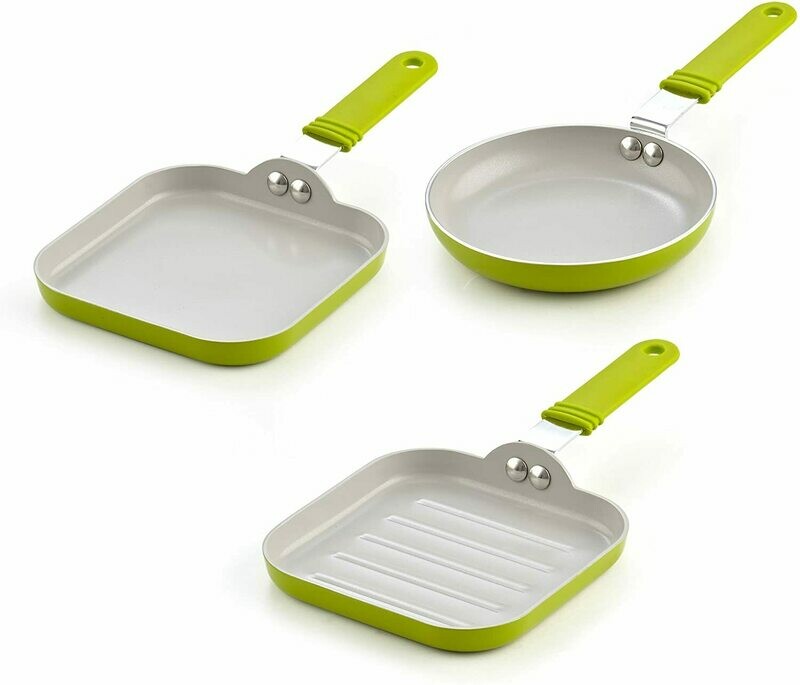 5.5-Inch Nonstick Ceramic Mini Fry, Griddle, Grill 3-Piece Pan Set, Green