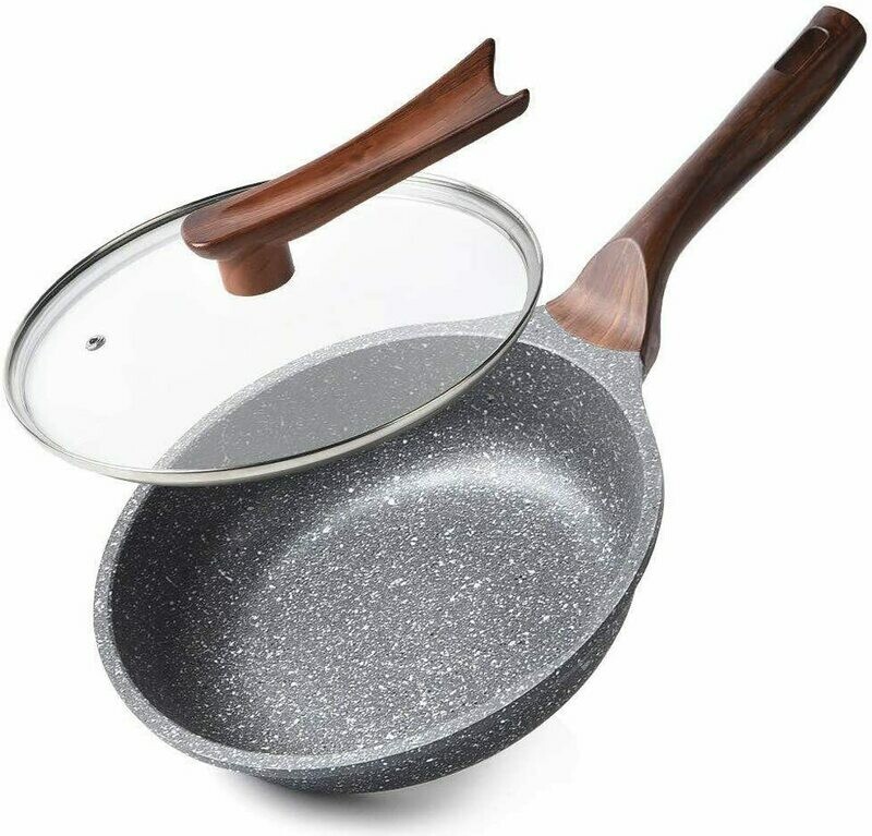 Nonstick Frying Pan Dishwasher Safe, Stone Skillet Pans for eggs, Induction Omelette Pan Non Toxic 100% PFOA Free (8&quot; + Glass Lid)