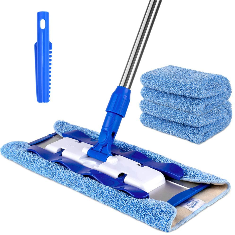 Professional Microfiber Mop for Hardwood, Laminate, Tile Floor Cleaning, Stainless Steel Telescopic Handle - 3 Reusable Flat Mop Refills and 1 Dirt Removal Scrubber Included