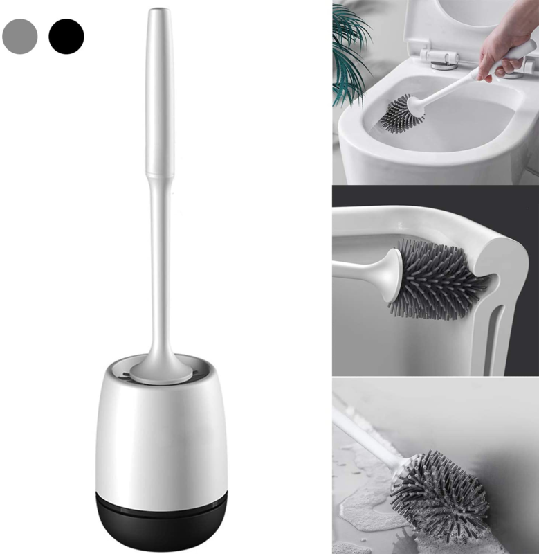 Silicone Toilet Brush with Holder Set |Toilet Bowl Brush for Bathroom| No Scratch Soft Toilet Cleaner Brush Wall Mounted (Black)