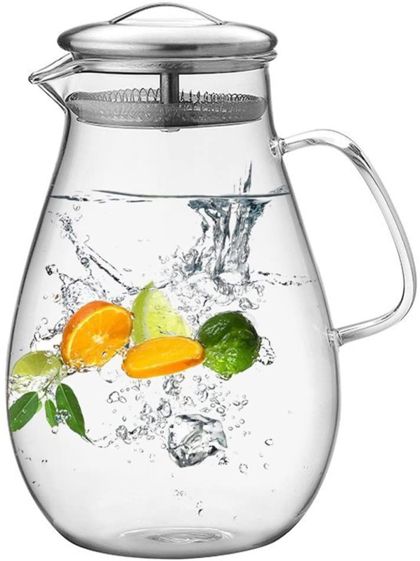 64 Ounces Glass Pitcher with Stainless Steel Lid / Water Carafe with Handle - Good Beverage Pitcher for Homemade Juice &amp; Iced Tea, Cleaning Brush Included