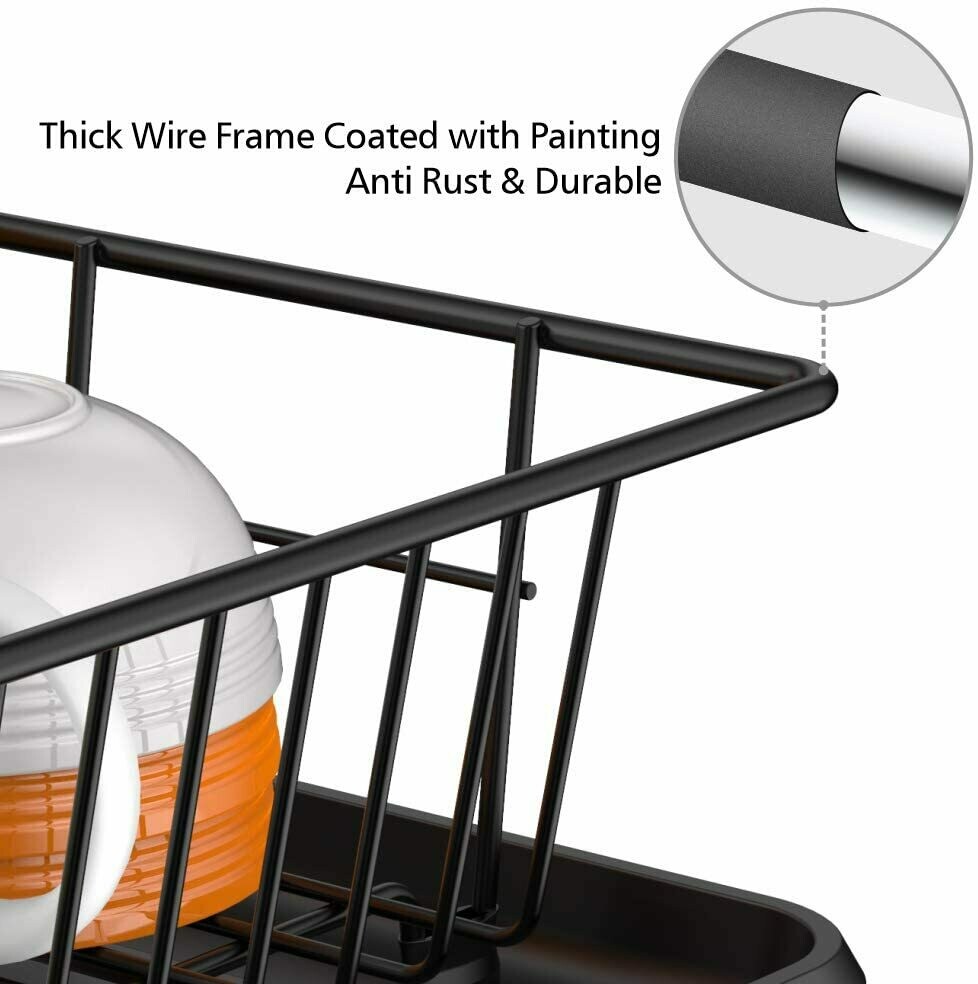 Dish Drying Rack, Sink Side Dish Rack with Drainboard Cutlery Utensil Holder Dish Drainer Wire Rack for Kitchen Countertop, Black