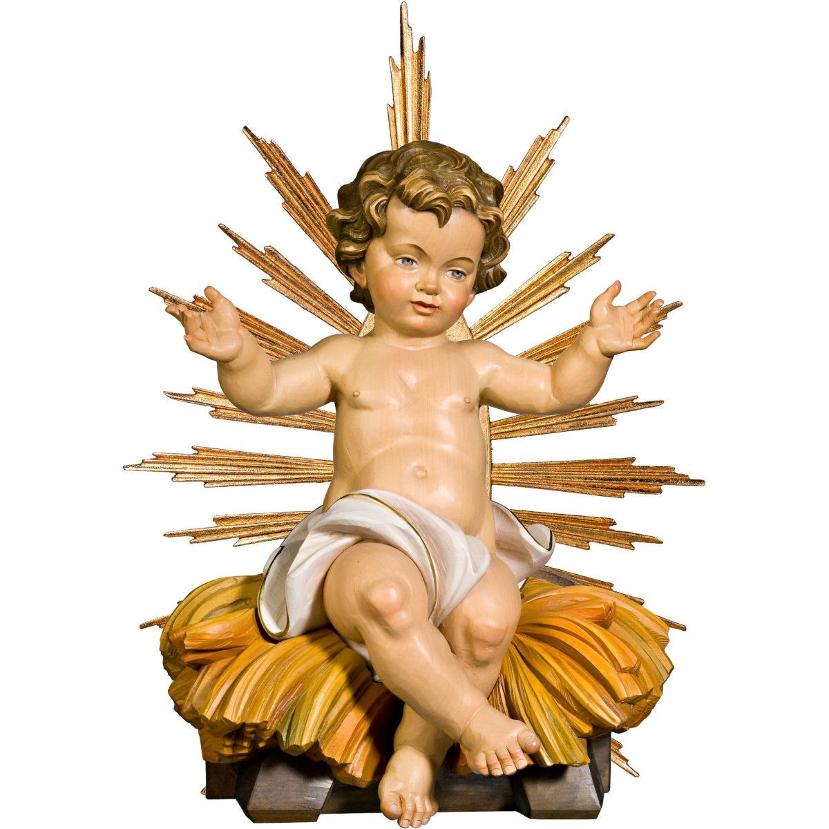 Baby Jesus sitting in a cradle with a halo