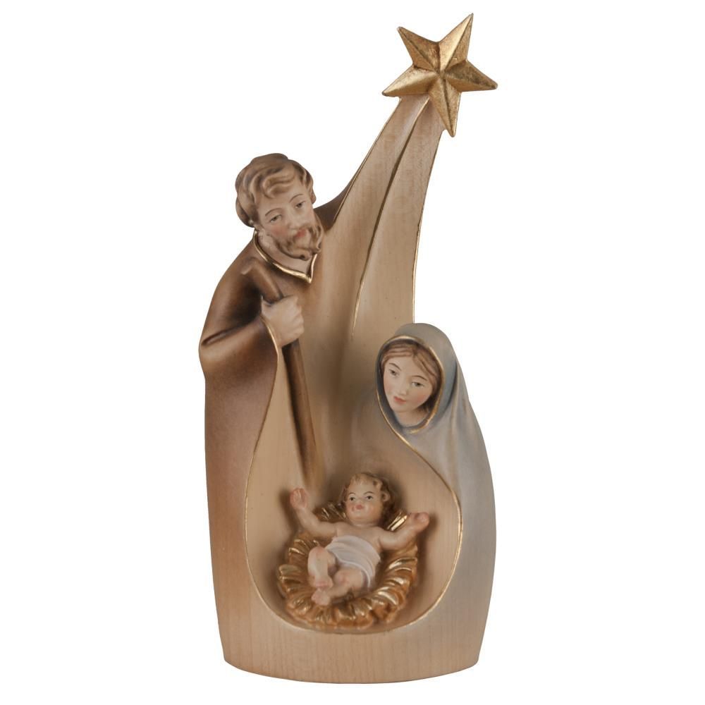 Block crib with comet Mary and Joseph with baby Jesus