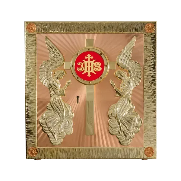 Tabernacle avec croix, IHS et ange d'adoration doré Tabernacle avec croix, IHS et ange d'adoration doré