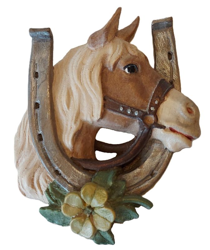 Holzrelief Pferdekopf mit Hufeisen und Kleeblatt Holzrelief Pferdekopf mit Hufeisen und Kleeblatt