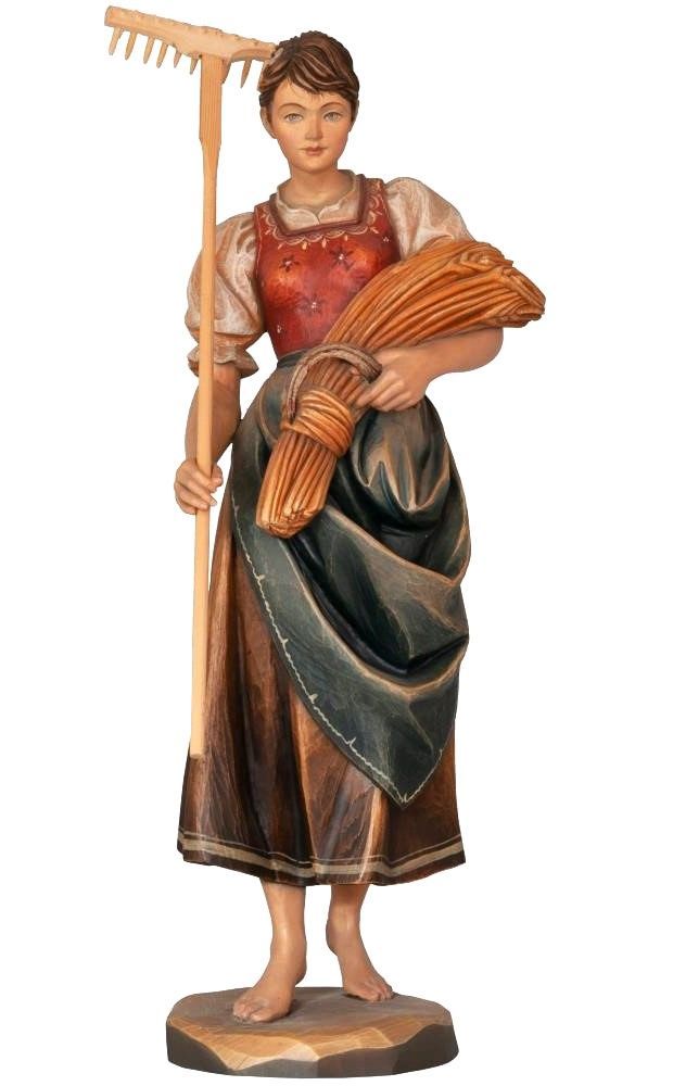 Frau in Tracht Bäuerin mit Sichel, Ähren & Rechen Statue aus Holz