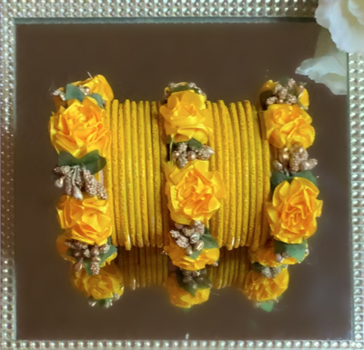 HANDCRAFTED FLORAL VELVET *GLITTER* YELLOW BANGLES