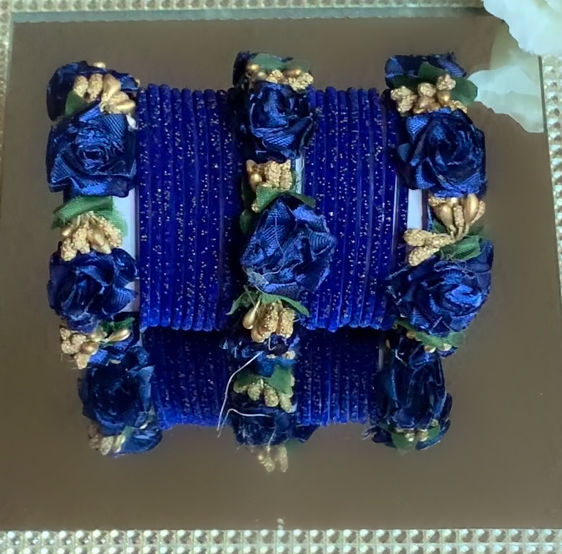 HANDCRAFTED FLORAL VELVET GLITTER BLUE BANGLES