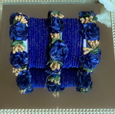 HANDCRAFTED FLORAL VELVET GLITTER BLUE BANGLES