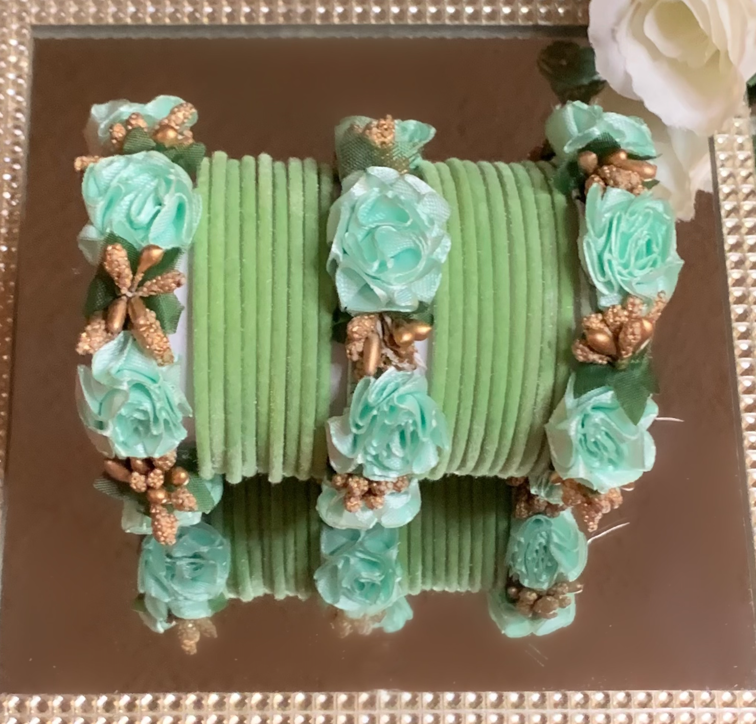 HANDCRAFTED FLORAL VELVET TEAL BANGLES