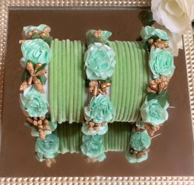 HANDCRAFTED FLORAL VELVET TEAL BANGLES