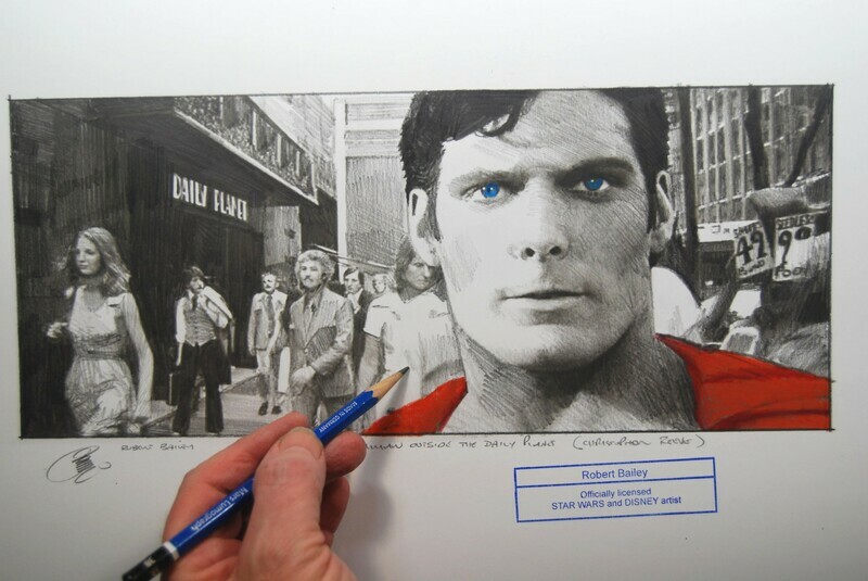 Superman outside the Daily Planet.