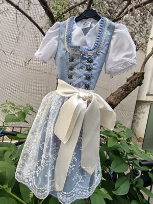 MS-Trachten Dirndl Emily – 3 pezzi dirndl per bambini con camicetta tradizionale e grembiule per bambini, Azzurro, 104 cm