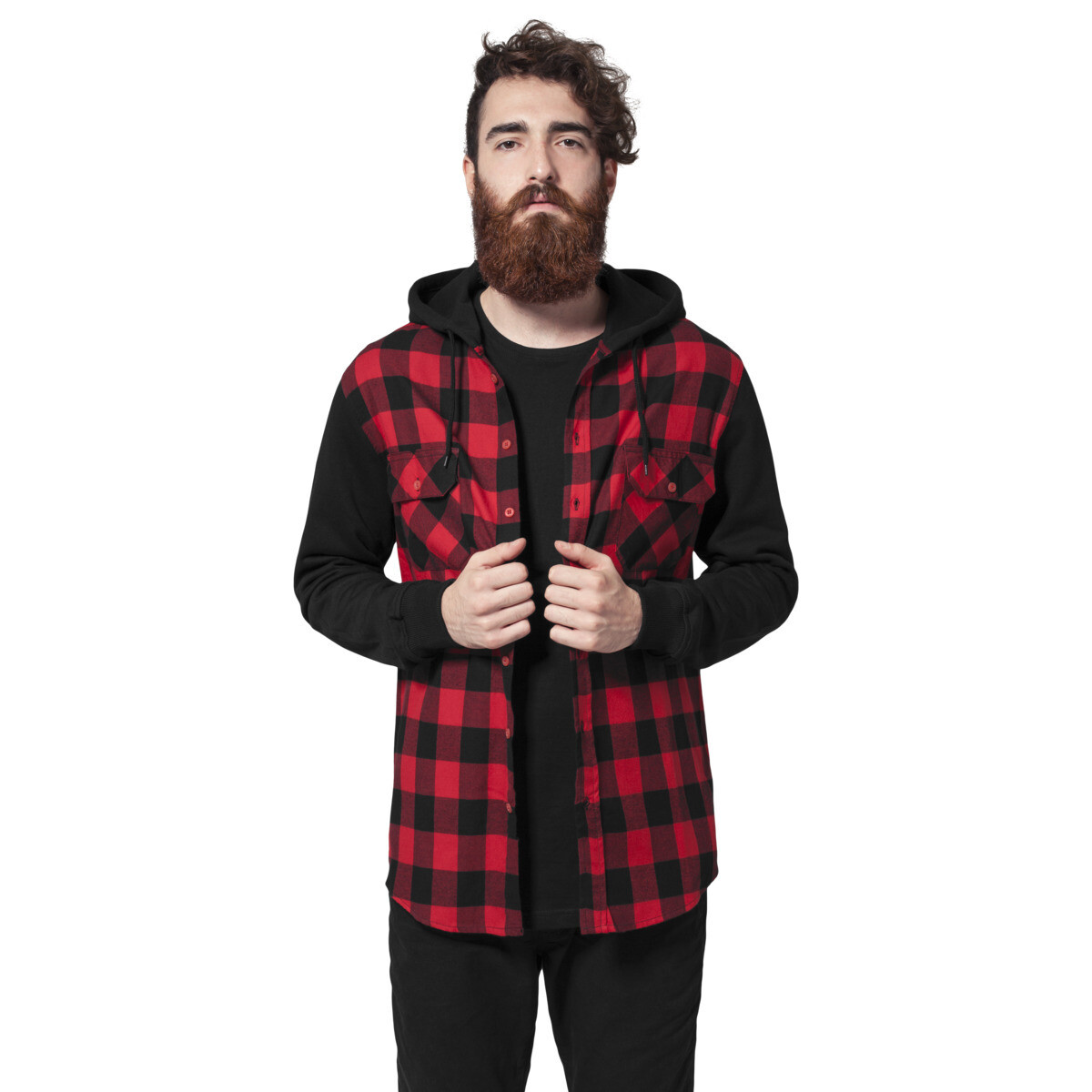 Hooded Checked Flanell Sweat Sleeve Shirt
