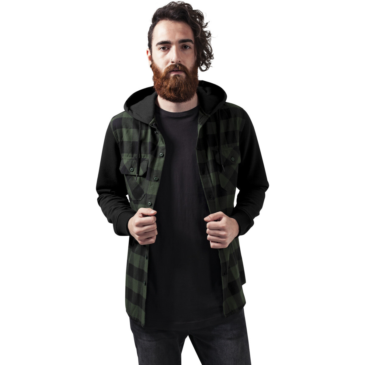 Hooded Checked Flanell Sweat Sleeve Shirt