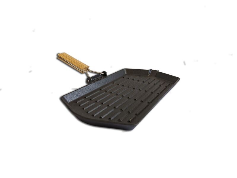 Grillpfanne aus massivem Gusseisen ca. 19 x 34 cm mit abnehmbaren Holzgriff Grillpfanne aus massivem Gusseisen ca. 19 x 34 cm mit abnehmbaren Holzgriff