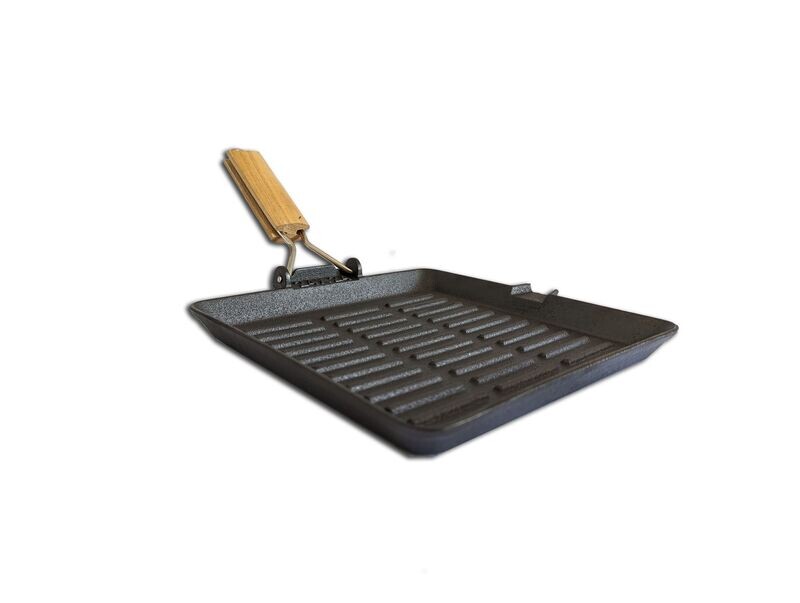 Grillpfanne aus massivem Gusseisen ca. 23x23 cm mit abnehmbaren Holzgriff Grillpfanne aus massivem Gusseisen ca. 23x23 cm mit abnehmbaren Holzgriff