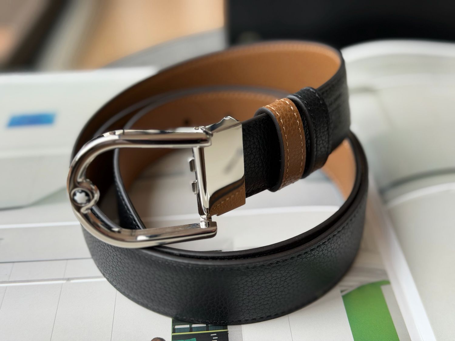 CINTURÓN MONTBLANC - BLACK / LIGHT BROWN LEATHER 35MM
