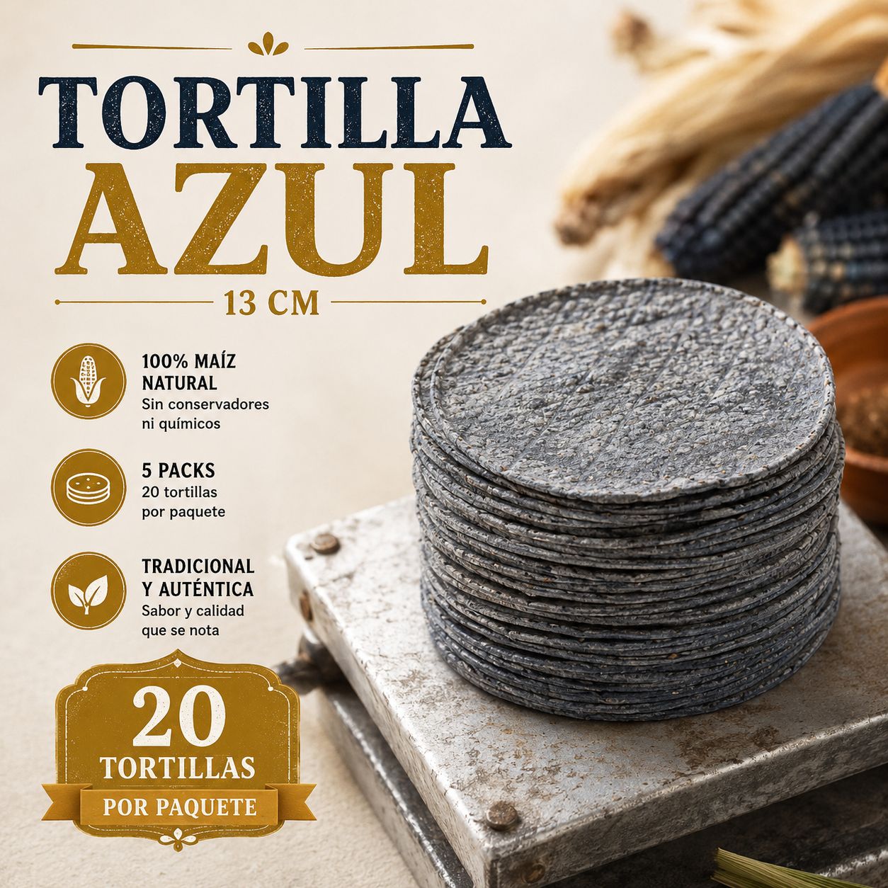Tortillas de Maíz Azul Naturelo 13 cm – Pack Familiar (5 Paquetes / 100 Tortillas)