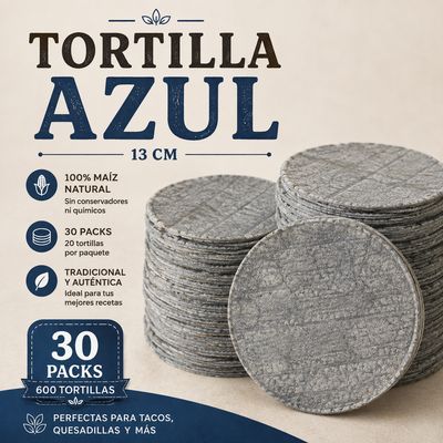Tortillas de Maíz Azul Naturelo 13 cm – Paquete de Mayoreo (30 Packs / 600 Tortillas)