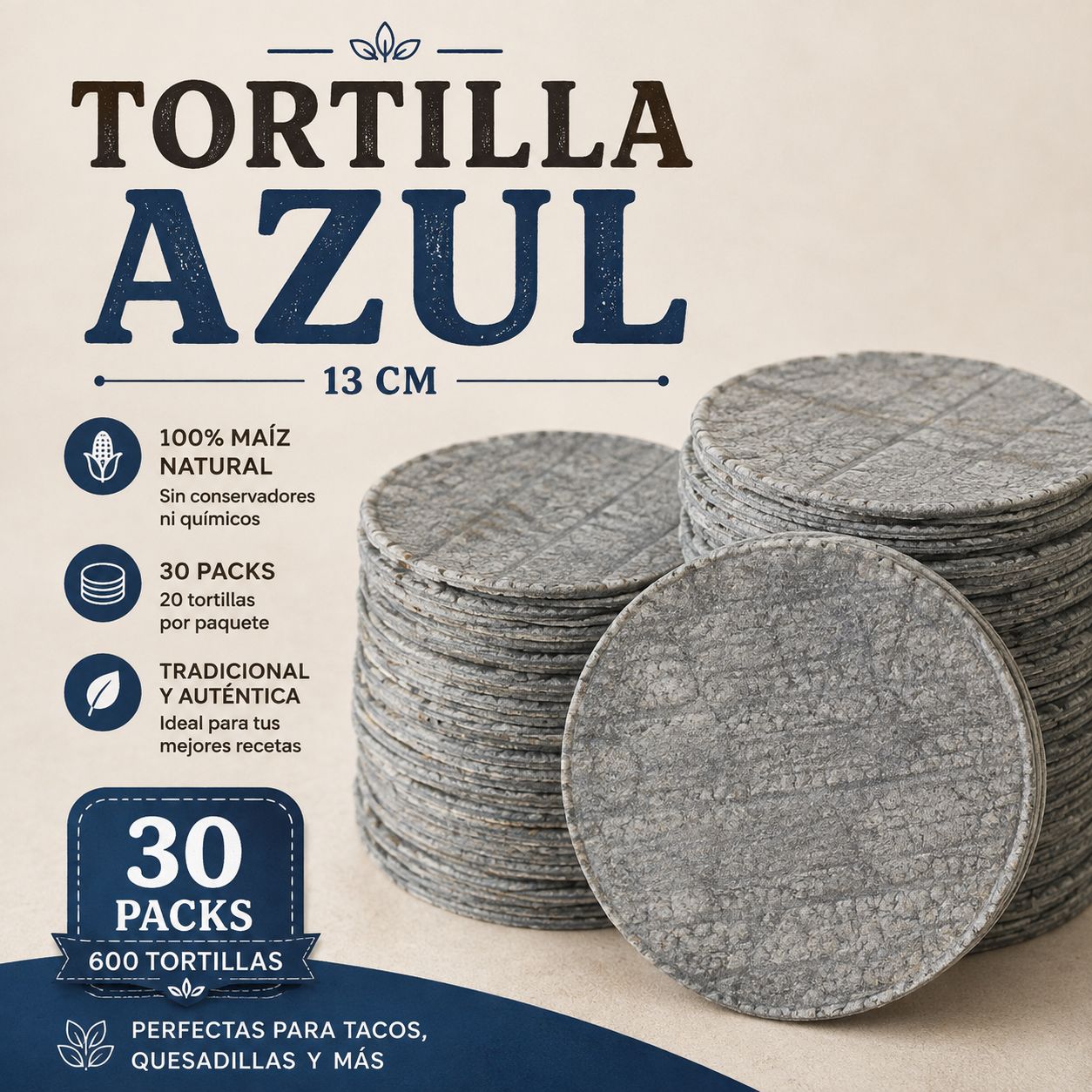Tortillas de Maíz Azul Naturelo 13 cm – Paquete de Mayoreo (30 Packs / 600 Tortillas)