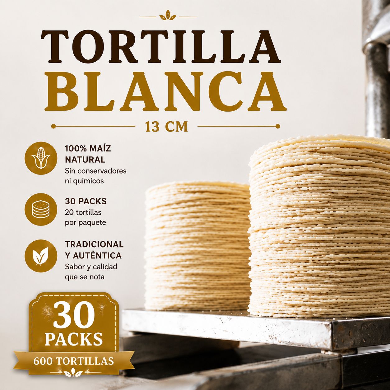 Tortillas de Maíz Blanca Naturelo 13 cm – Paquete de Mayoreo (30 Packs / 600 Tortillas)