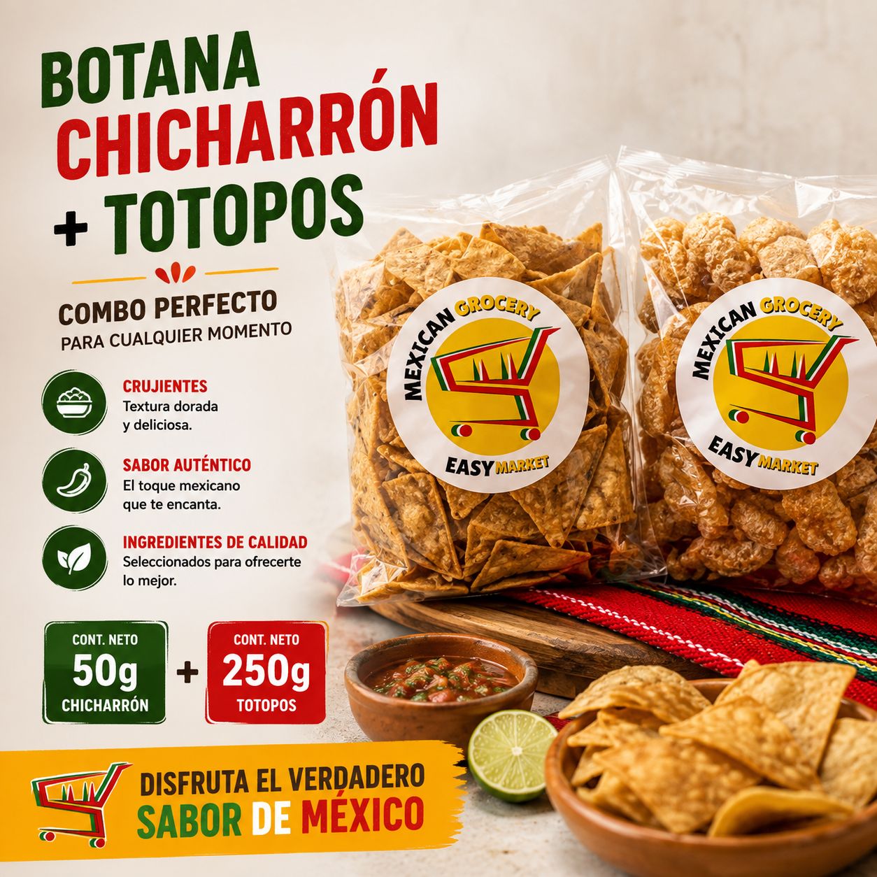 Kit Botana Mexicana: Chicharrón Crujiente (50 g) + Totopos de Maíz (250 g)