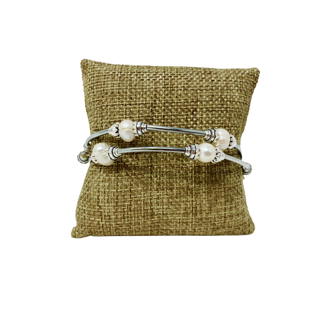 8mm Cultured white pearls double snake bracelet