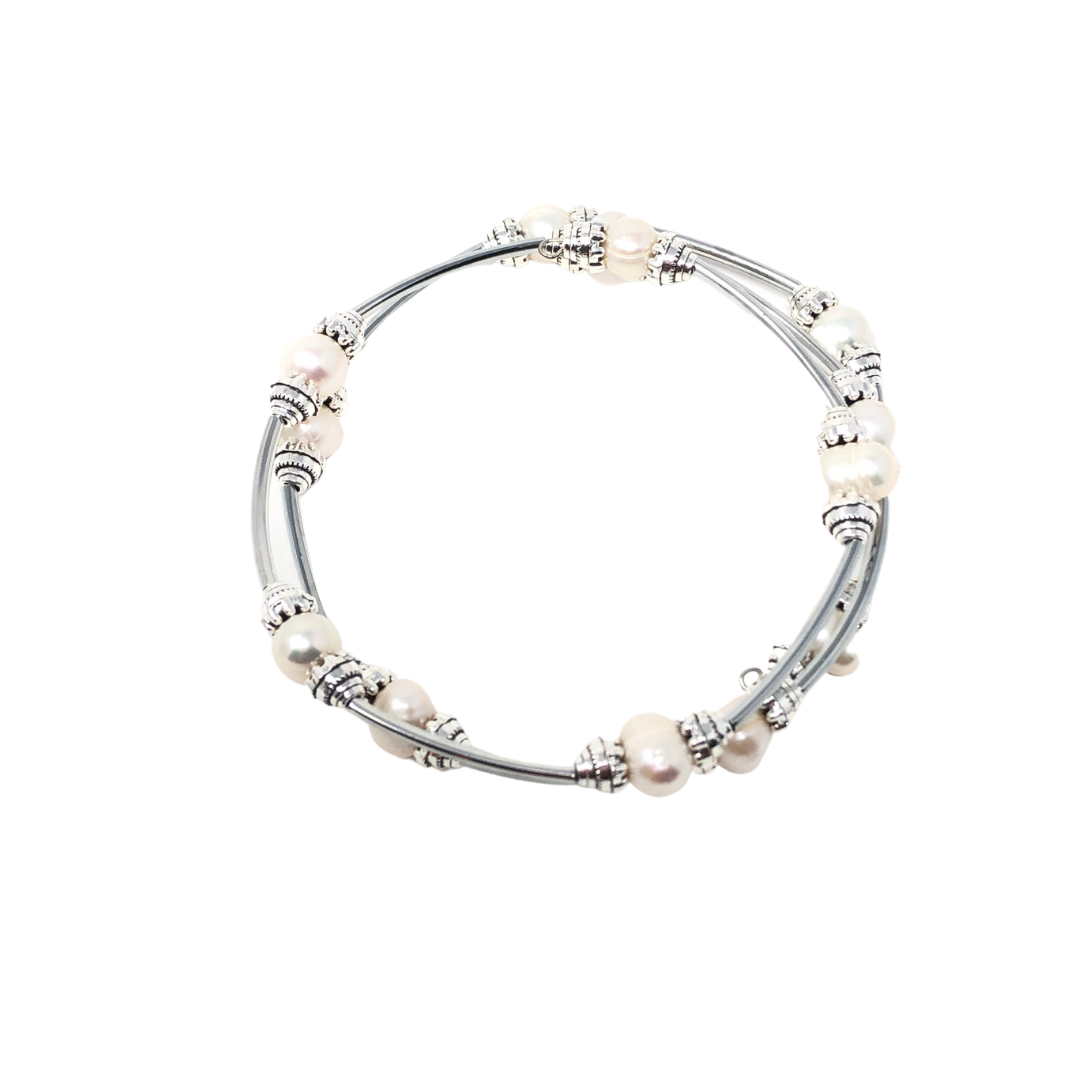 8mm Cultured white pearls double snake bracelet