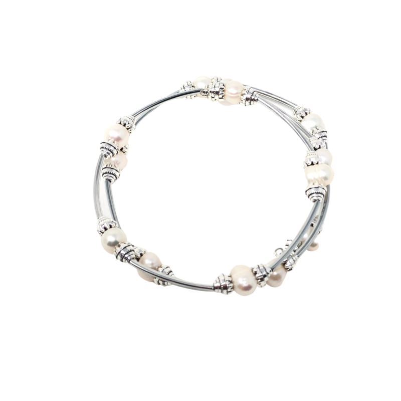 8mm Cultured white pearls double snake bracelet