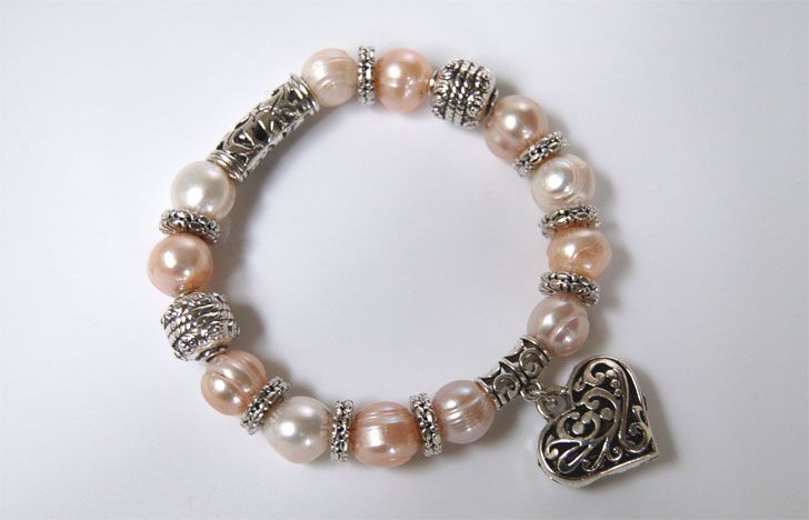 Puffy heart bracelet - 10mm cultured multi white peach pink pearls